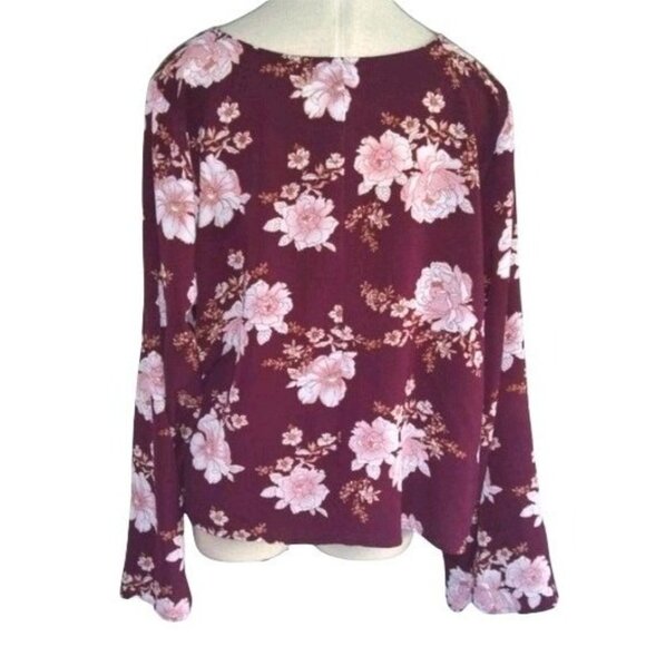 Forever 21+ Womens Burgundy Floral V-Neck Long Sleeve Blouse Plus Size 2X - Picture 5 of 7